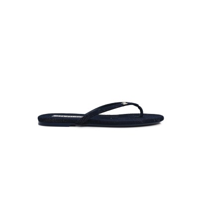 CHANEL COTTON SILK CRYSTAL CC THONG SANDALS DARK BLUE SILVER 362268